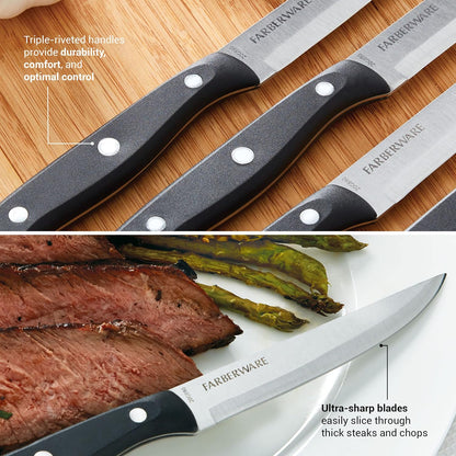 Steak Knives Set of 8 - High-Carbon Stainless Steel Blades, Triple Rivet Ergonomic Handles, Sharp Fine-Edge Steak Knife Set, 4.5 Inch Blades