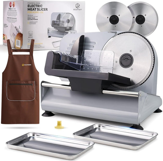 Meat Slicer, 200W Powerful Electric Food Slicer-Deli Meat Slicer Machine for Home Use for, Cheese, Bread, Vegetables-2 Round 7.5" Stainless Steel Blade, Child Lock Protection & Adjustable Thickness