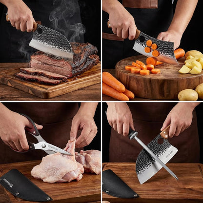 9PCS Butcher Knife Set, 7" butcher meat cleaver, a 7" Serbian chef knife, a 6.5" Viking knife, 3 Knife Sheath, Poultry Shears, Honing steel and Knife Roll Bag (Unique Bull Pattern)