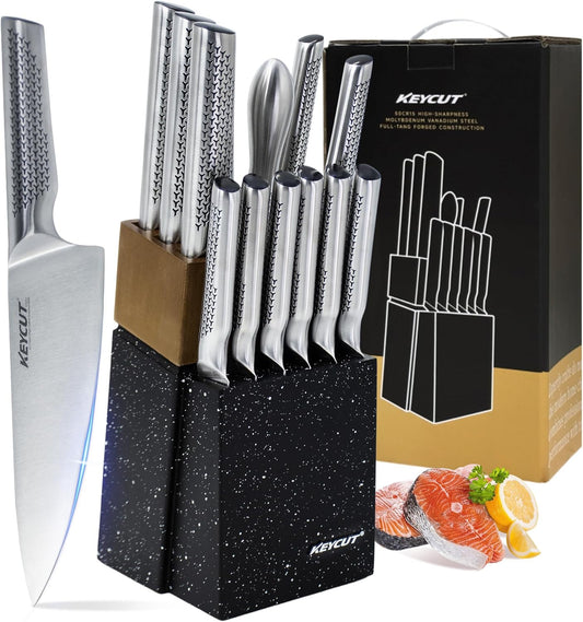 KEYCUT 13 PCS Knife Set with Block, Upgraded 5Cr15Mov High Carbon Stainless Steel Kitchen Knife Sets with Block and Sharpener, Ergonomic Full-Tang Handle, Professional