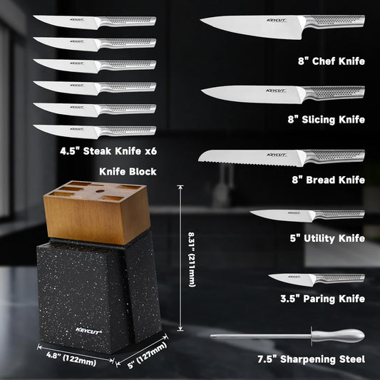 KEYCUT 13 PCS Knife Set with Block, Upgraded 5Cr15Mov High Carbon Stainless Steel Kitchen Knife Sets with Block and Sharpener, Ergonomic Full-Tang Handle, Professional