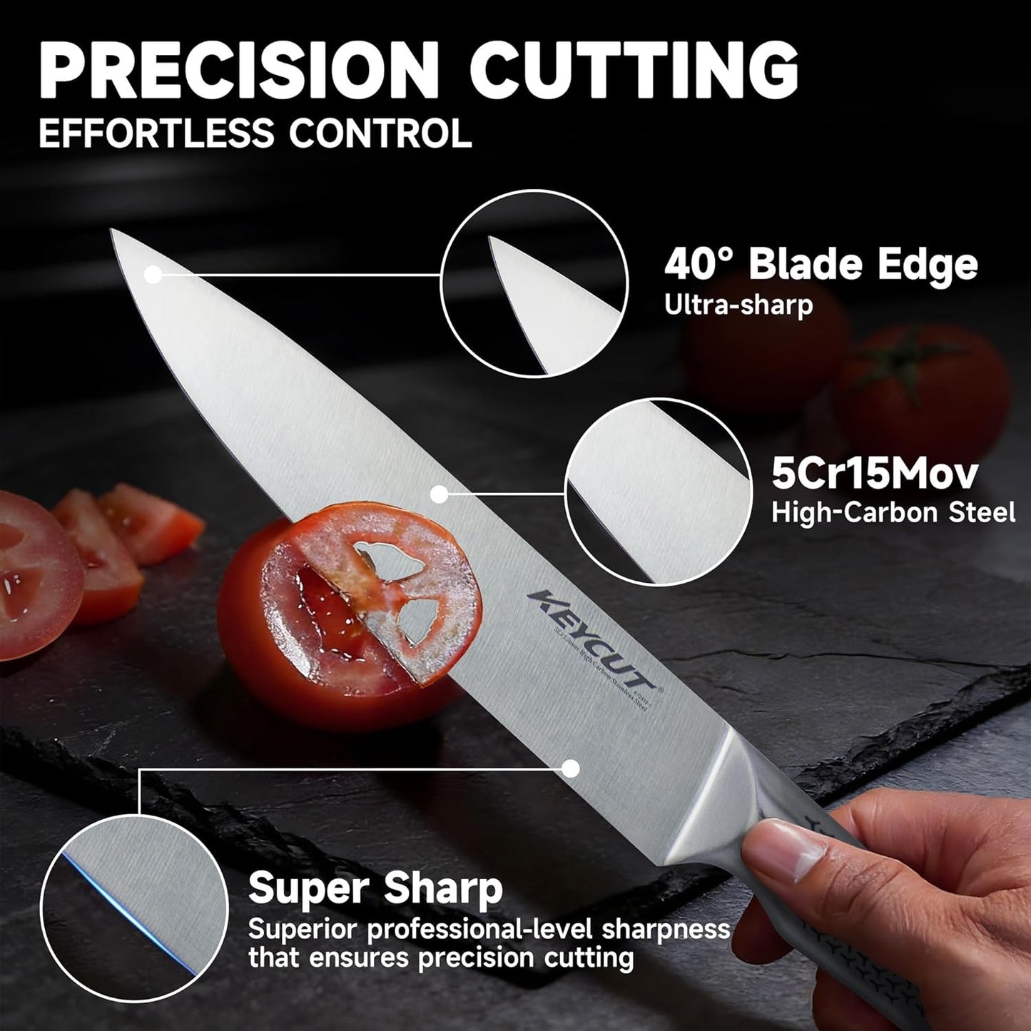 KEYCUT 13 PCS Knife Set with Block, Upgraded 5Cr15Mov High Carbon Stainless Steel Kitchen Knife Sets with Block and Sharpener, Ergonomic Full-Tang Handle, Professional