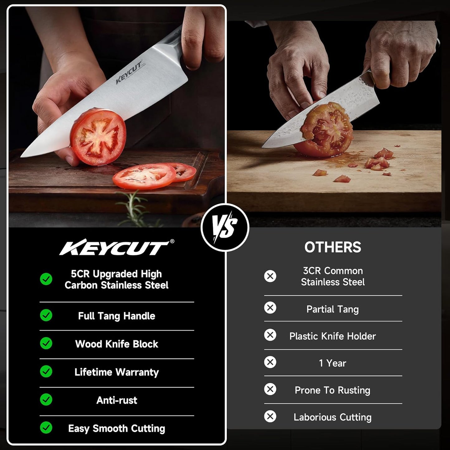 KEYCUT 13 PCS Knife Set with Block, Upgraded 5Cr15Mov High Carbon Stainless Steel Kitchen Knife Sets with Block and Sharpener, Ergonomic Full-Tang Handle, Professional