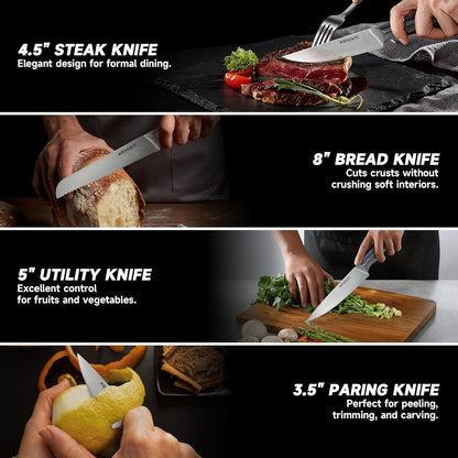 KEYCUT 13 PCS Knife Set with Block, Upgraded 5Cr15Mov High Carbon Stainless Steel Kitchen Knife Sets with Block and Sharpener, Ergonomic Full-Tang Handle, Professional