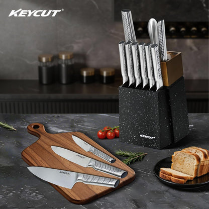 KEYCUT 13 PCS Knife Set with Block, Upgraded 5Cr15Mov High Carbon Stainless Steel Kitchen Knife Sets with Block and Sharpener, Ergonomic Full-Tang Handle, Professional