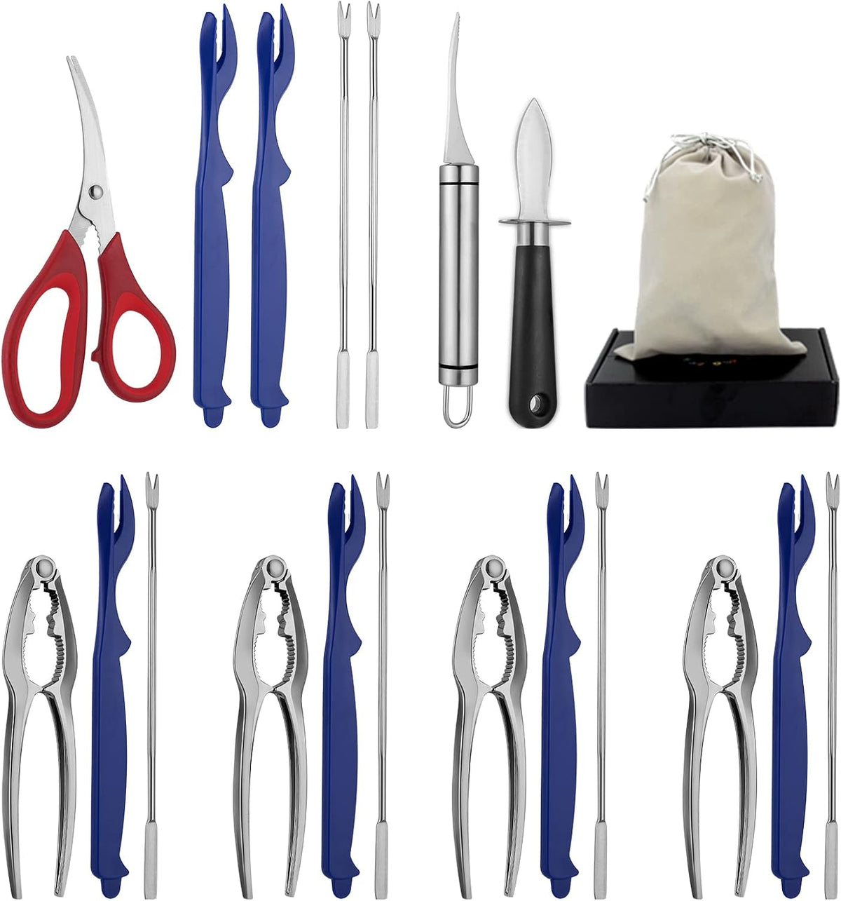 Seafood Tools Set Includes 4 Crab Crackers 6 Seafood Fork 6 Lobster Crackers 1 Seafood Scissors 1 Oyster Knife 1 Shrimp Cleaning Tool-Nutcracker Set（19 Piece ）