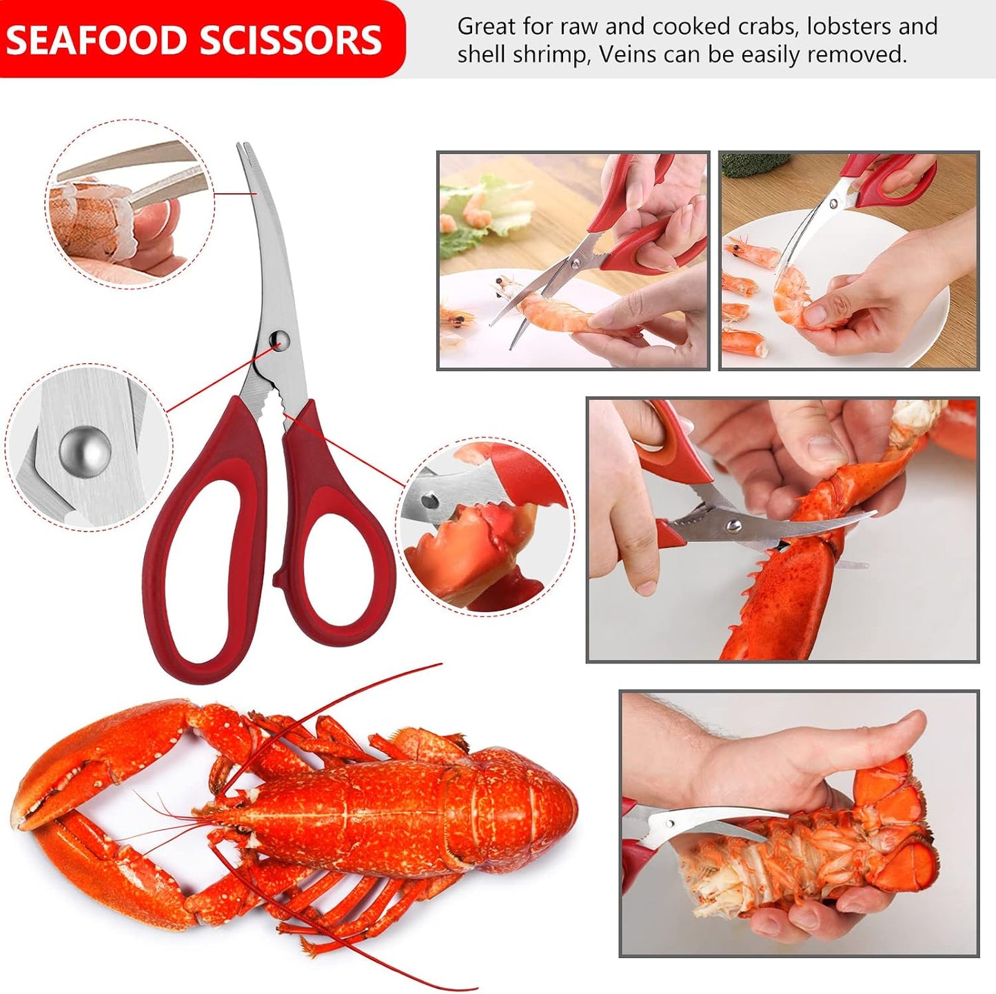 Seafood Tools Set Includes 4 Crab Crackers 6 Seafood Fork 6 Lobster Crackers 1 Seafood Scissors 1 Oyster Knife 1 Shrimp Cleaning Tool-Nutcracker Set（19 Piece ）