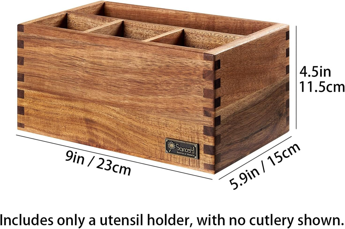 Acacia Wood Utensil Holder, Paper Plate Dispenser Organizer for Countertop - 4 Compartment Silverware Caddy for Friendsgiving Party - Cutlery Holder for Cup, Fork, Spoon, Kitchen, Camping