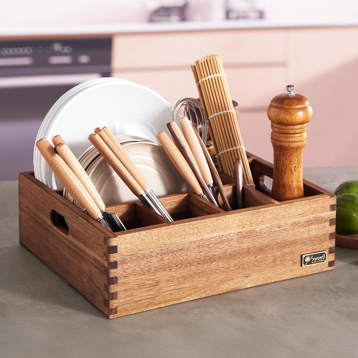 Acacia Wood Utensil Holder, Paper Plate Dispenser Organizer for Countertop - 4 Compartment Silverware Caddy for Friendsgiving Party - Cutlery Holder for Cup, Fork, Spoon, Kitchen, Camping