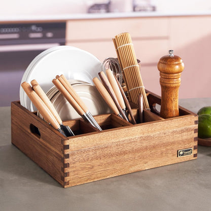 Acacia Wood Utensil Holder, Paper Plate Dispenser Organizer for Countertop - 4 Compartment Silverware Caddy for Friendsgiving Party - Cutlery Holder for Cup, Fork, Spoon, Kitchen, Camping