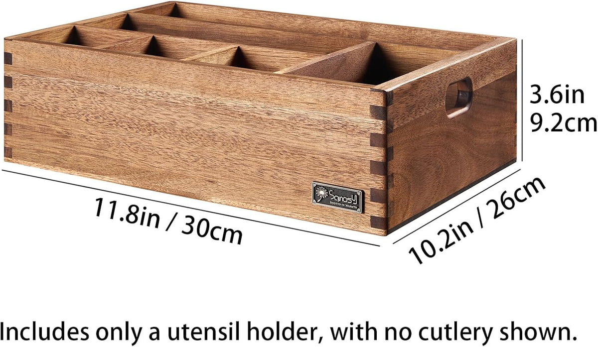 Acacia Wood Utensil Holder, Paper Plate Dispenser Organizer for Countertop - 4 Compartment Silverware Caddy for Friendsgiving Party - Cutlery Holder for Cup, Fork, Spoon, Kitchen, Camping