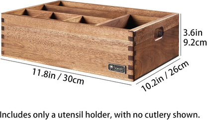 Acacia Wood Utensil Holder, Paper Plate Dispenser Organizer for Countertop - 4 Compartment Silverware Caddy for Friendsgiving Party - Cutlery Holder for Cup, Fork, Spoon, Kitchen, Camping