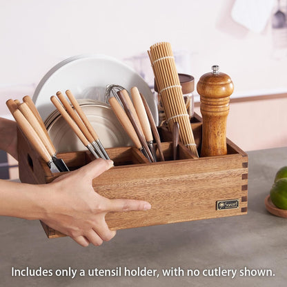 Acacia Wood Utensil Holder, Paper Plate Dispenser Organizer for Countertop - 4 Compartment Silverware Caddy for Friendsgiving Party - Cutlery Holder for Cup, Fork, Spoon, Kitchen, Camping