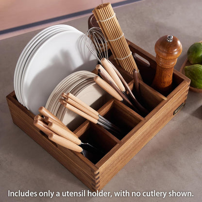 Acacia Wood Utensil Holder, Paper Plate Dispenser Organizer for Countertop - 4 Compartment Silverware Caddy for Friendsgiving Party - Cutlery Holder for Cup, Fork, Spoon, Kitchen, Camping