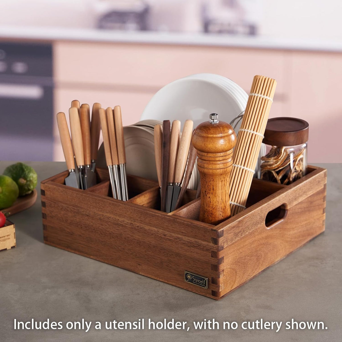 Acacia Wood Utensil Holder, Paper Plate Dispenser Organizer for Countertop - 4 Compartment Silverware Caddy for Friendsgiving Party - Cutlery Holder for Cup, Fork, Spoon, Kitchen, Camping