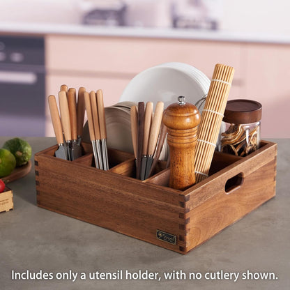 Acacia Wood Utensil Holder, Paper Plate Dispenser Organizer for Countertop - 4 Compartment Silverware Caddy for Friendsgiving Party - Cutlery Holder for Cup, Fork, Spoon, Kitchen, Camping