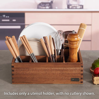 Acacia Wood Utensil Holder, Paper Plate Dispenser Organizer for Countertop - 4 Compartment Silverware Caddy for Friendsgiving Party - Cutlery Holder for Cup, Fork, Spoon, Kitchen, Camping