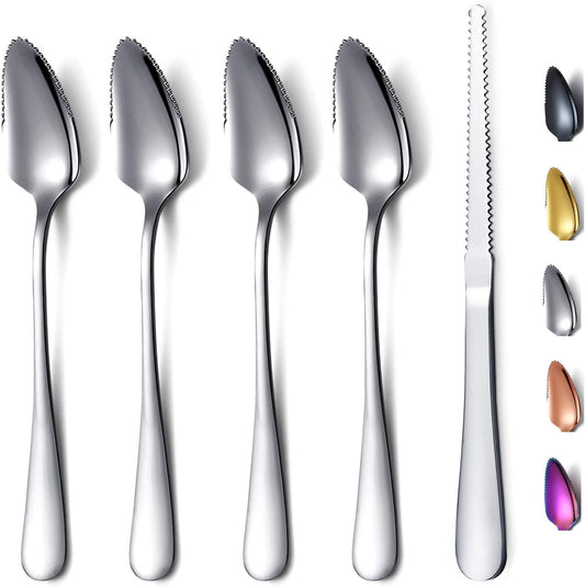 Grapefruit Spoons 5 Pieces Set, 4 Stainless Steel Spoon and 1 Knife with Titanium Plating, Utensil Serrated Edges Pack of (Silver)