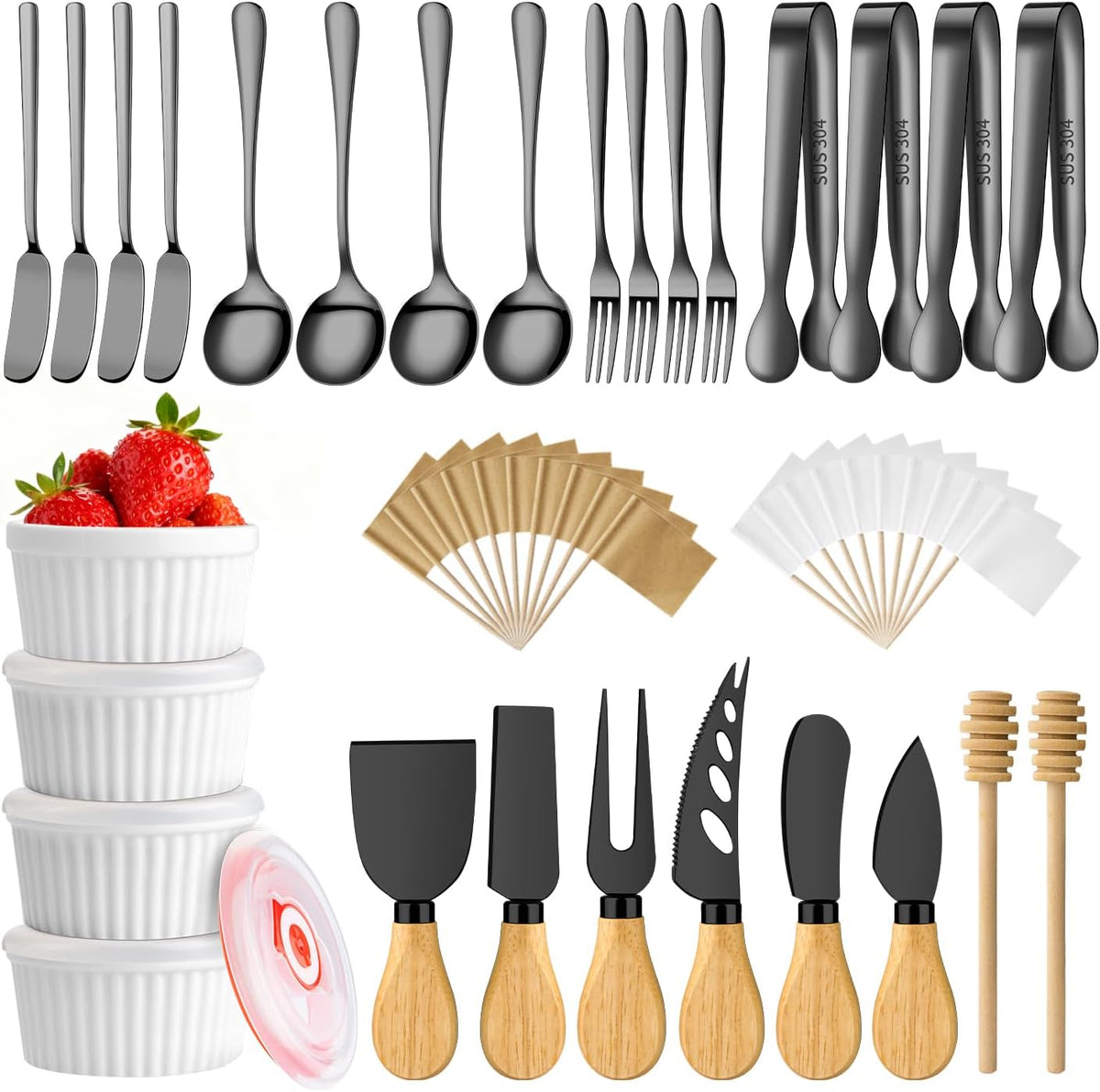 Charcuterie Boards Accessories Bowls Utensils, Cheese Knife Set Mini Butter Spreader, Serving Tongs, Forks, Spoons, Dipping Bowls with Lids, Toothpick Flags, Honey Dippers For Party Platter Making