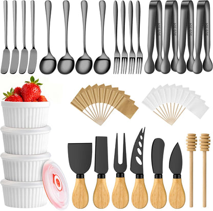 Charcuterie Boards Accessories Bowls Utensils, Cheese Knife Set Mini Butter Spreader, Serving Tongs, Forks, Spoons, Dipping Bowls with Lids, Toothpick Flags, Honey Dippers For Party Platter Making