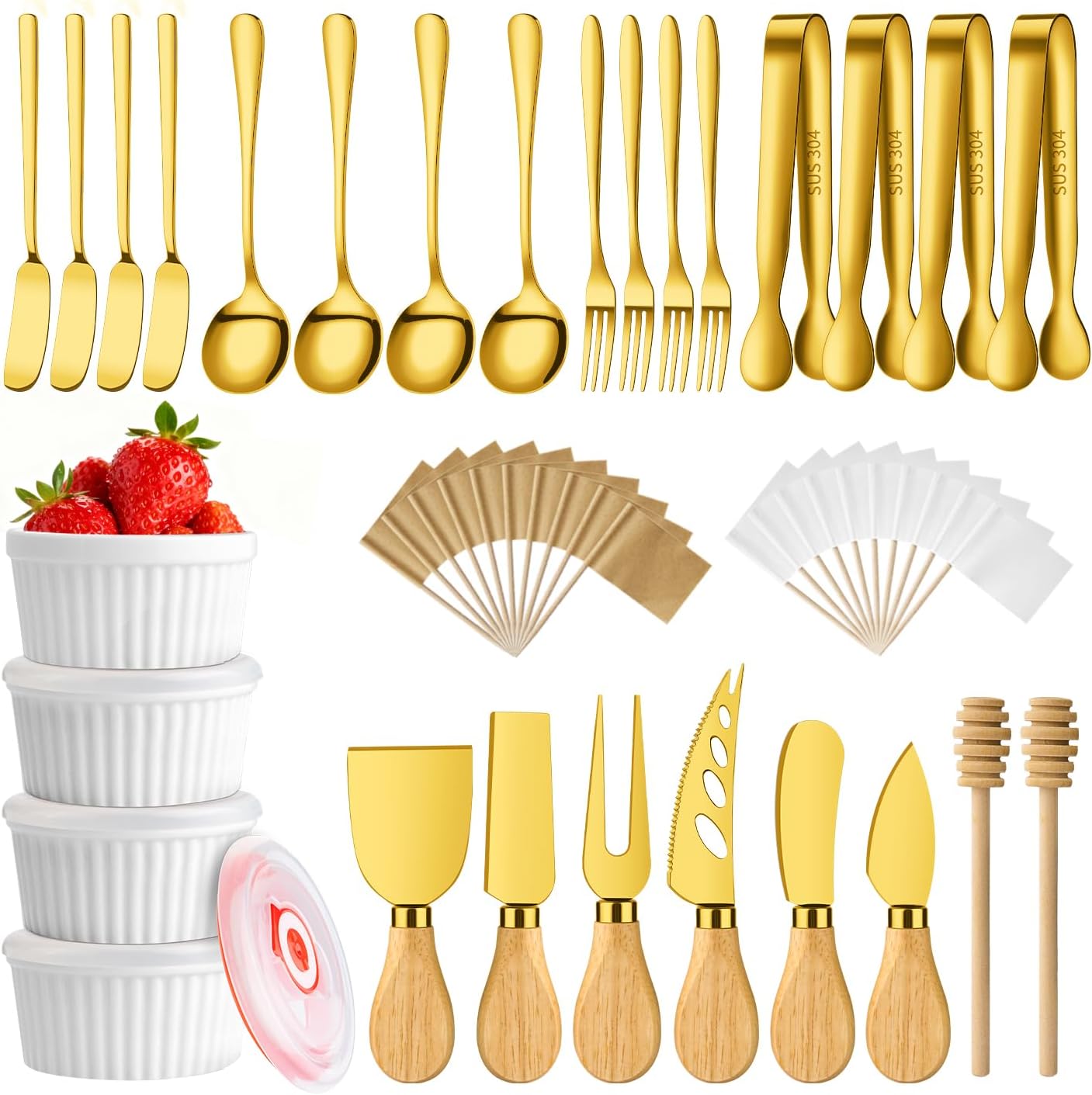 Charcuterie Boards Accessories Bowls Utensils, Cheese Knife Set Mini Butter Spreader, Serving Tongs, Forks, Spoons, Dipping Bowls with Lids, Toothpick Flags, Honey Dippers For Party Platter Making