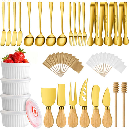 Charcuterie Boards Accessories Bowls Utensils, Cheese Knife Set Mini Butter Spreader, Serving Tongs, Forks, Spoons, Dipping Bowls with Lids, Toothpick Flags, Honey Dippers For Party Platter Making