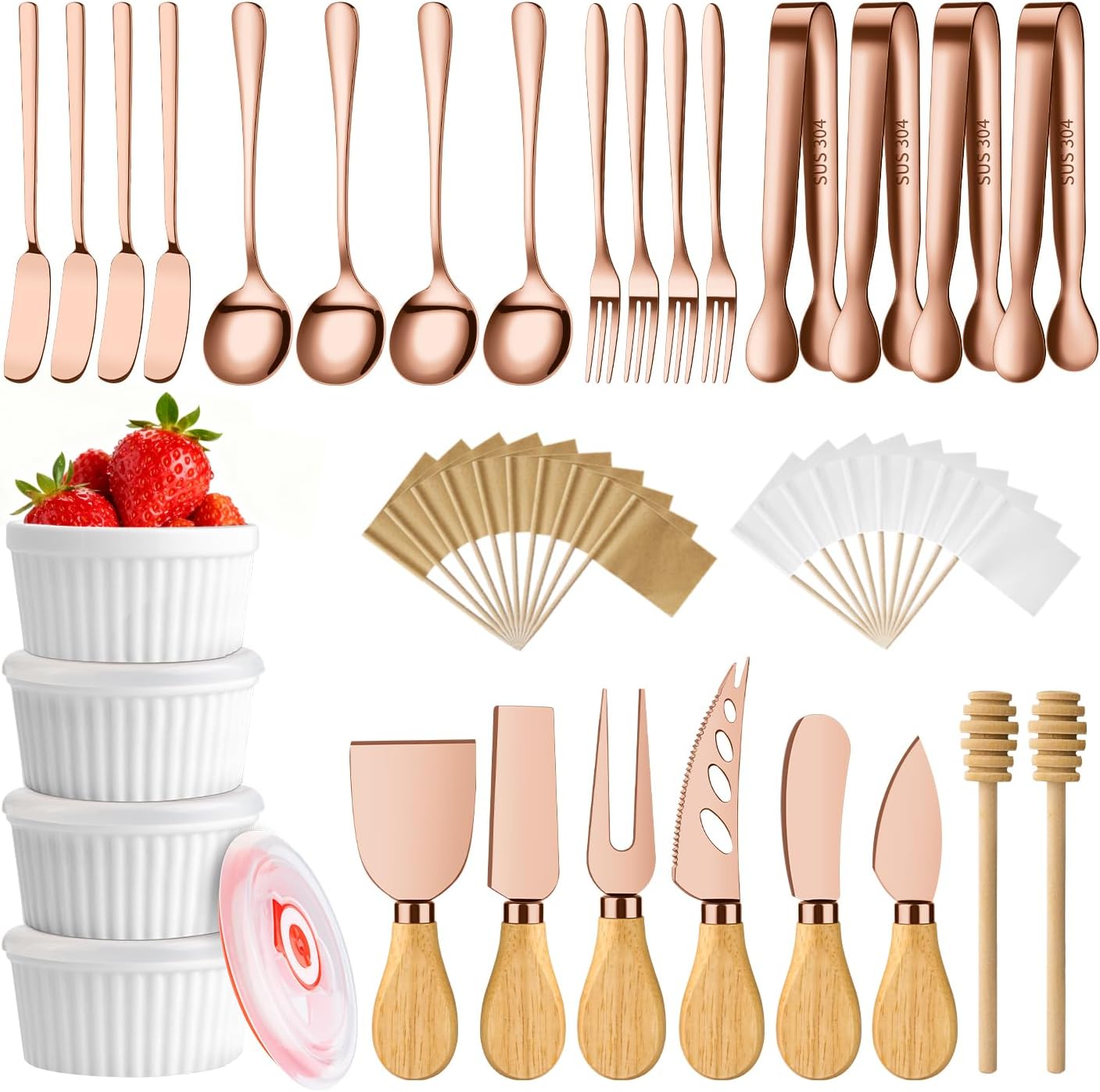 Charcuterie Boards Accessories Bowls Utensils, Cheese Knife Set Mini Butter Spreader, Serving Tongs, Forks, Spoons, Dipping Bowls with Lids, Toothpick Flags, Honey Dippers For Party Platter Making