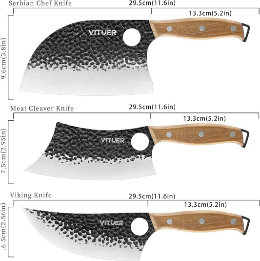 3PCS Butcher Knife Set, Hand Forged 7" Butcher Meat Cleaver, 7" Serbian Chef and 6.5" Viking Knife, Great for Indoor & Outdoor (Stylish Pattern Design)