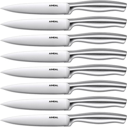 Aiheal Steak Knives, Stainless Steel Steak Knives Set of 8, Never Needs Sharpening Dinner Steak Knife Set, Sharp Micro Serrated Knives
