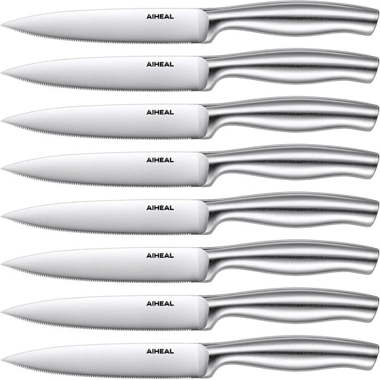 Aiheal Steak Knives, Stainless Steel Steak Knives Set of 8, Never Needs Sharpening Dinner Steak Knife Set, Sharp Micro Serrated Knives