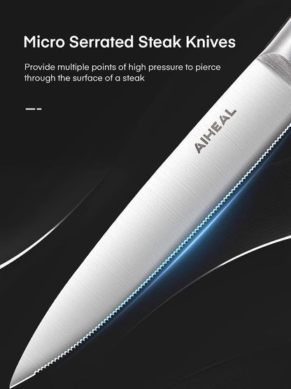 Aiheal Steak Knives, Stainless Steel Steak Knives Set of 8, Never Needs Sharpening Dinner Steak Knife Set, Sharp Micro Serrated Knives