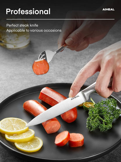 Aiheal Steak Knives, Stainless Steel Steak Knives Set of 8, Never Needs Sharpening Dinner Steak Knife Set, Sharp Micro Serrated Knives