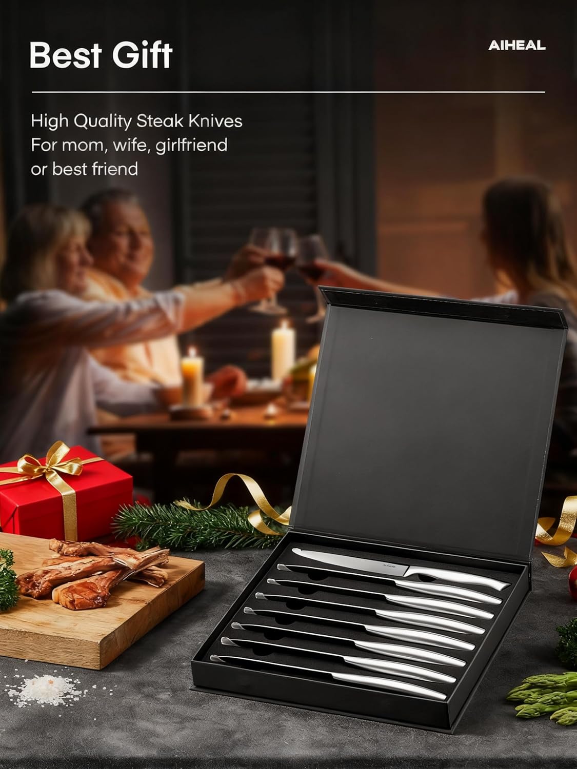 Aiheal Steak Knives, Stainless Steel Steak Knives Set of 8, Never Needs Sharpening Dinner Steak Knife Set, Sharp Micro Serrated Knives