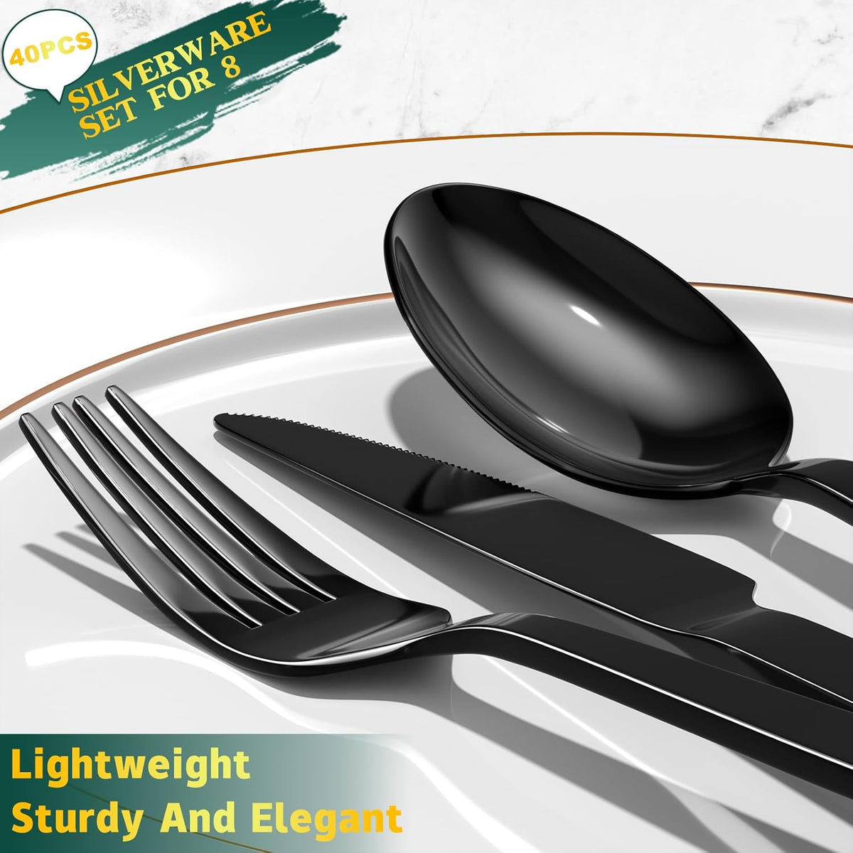 40 Piece Silverware Set, Stainless Steel Flatware Set for 8 | Heavy Duty, Mirror Polished, Include Spoons/Forks/Knives, For Home Restaurant Hotel, Dishwasher Safe