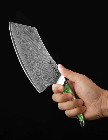 7 inch Nakiri Knife, Japanese VG-10 Damascus Steel Meat Cleaver, Ultra Sharp Vegetable Knife with Full-tang Handle in Green Resin, LA-S9 Series