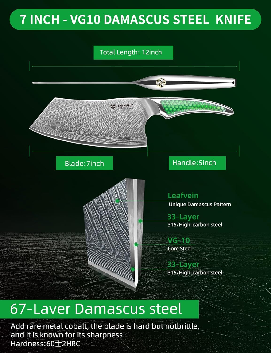 7 inch Nakiri Knife, Japanese VG-10 Damascus Steel Meat Cleaver, Ultra Sharp Vegetable Knife with Full-tang Handle in Green Resin, LA-S9 Series