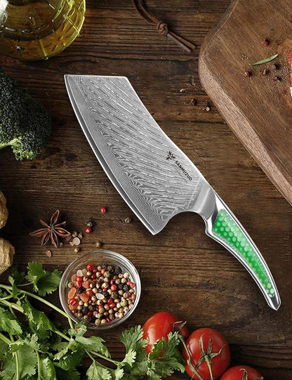 7 inch Nakiri Knife, Japanese VG-10 Damascus Steel Meat Cleaver, Ultra Sharp Vegetable Knife with Full-tang Handle in Green Resin, LA-S9 Series