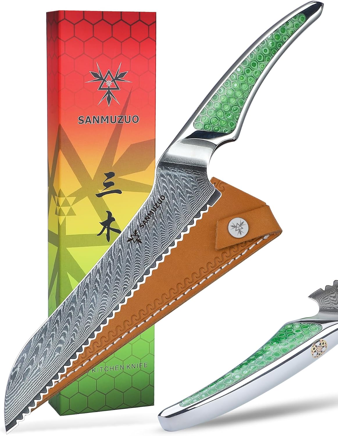 7 inch Nakiri Knife, Japanese VG-10 Damascus Steel Meat Cleaver, Ultra Sharp Vegetable Knife with Full-tang Handle in Green Resin, LA-S9 Series