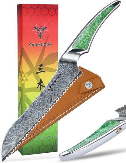 7 inch Nakiri Knife, Japanese VG-10 Damascus Steel Meat Cleaver, Ultra Sharp Vegetable Knife with Full-tang Handle in Green Resin, LA-S9 Series
