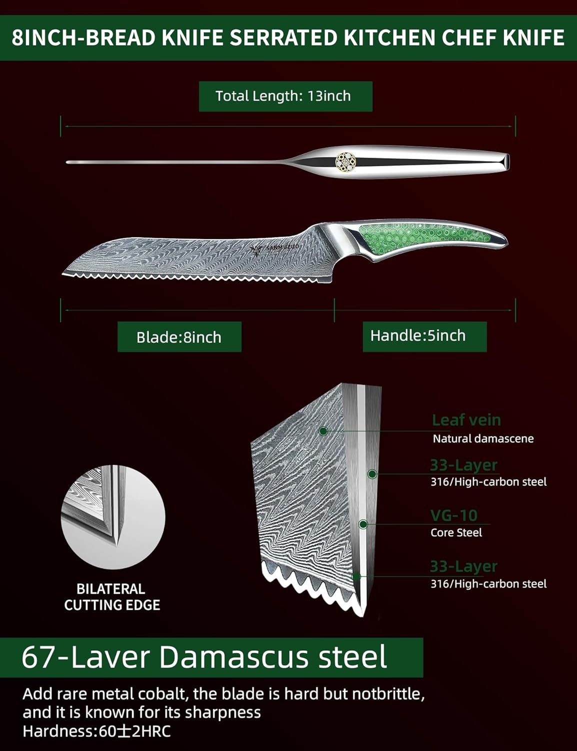 7 inch Nakiri Knife, Japanese VG-10 Damascus Steel Meat Cleaver, Ultra Sharp Vegetable Knife with Full-tang Handle in Green Resin, LA-S9 Series