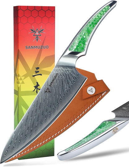 7 inch Nakiri Knife, Japanese VG-10 Damascus Steel Meat Cleaver, Ultra Sharp Vegetable Knife with Full-tang Handle in Green Resin, LA-S9 Series
