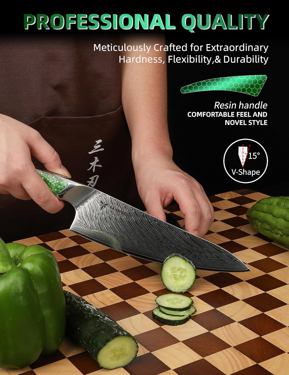 7 inch Nakiri Knife, Japanese VG-10 Damascus Steel Meat Cleaver, Ultra Sharp Vegetable Knife with Full-tang Handle in Green Resin, LA-S9 Series