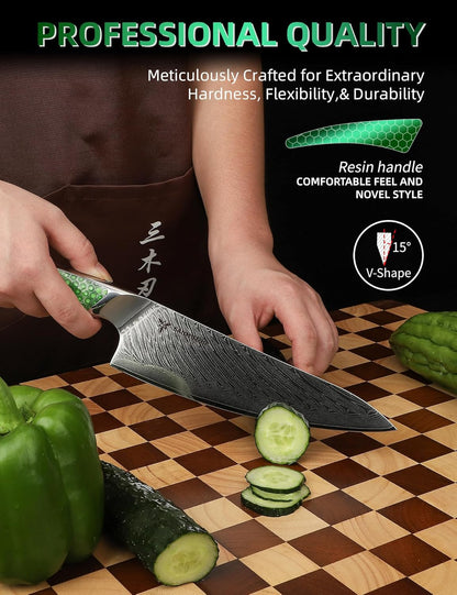7 inch Nakiri Knife, Japanese VG-10 Damascus Steel Meat Cleaver, Ultra Sharp Vegetable Knife with Full-tang Handle in Green Resin, LA-S9 Series