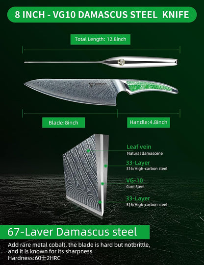 7 inch Nakiri Knife, Japanese VG-10 Damascus Steel Meat Cleaver, Ultra Sharp Vegetable Knife with Full-tang Handle in Green Resin, LA-S9 Series
