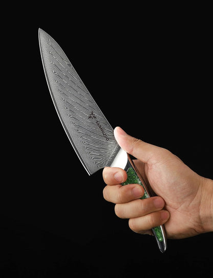 7 inch Nakiri Knife, Japanese VG-10 Damascus Steel Meat Cleaver, Ultra Sharp Vegetable Knife with Full-tang Handle in Green Resin, LA-S9 Series