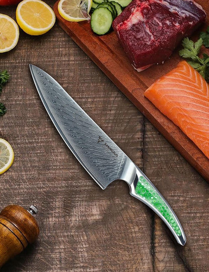 7 inch Nakiri Knife, Japanese VG-10 Damascus Steel Meat Cleaver, Ultra Sharp Vegetable Knife with Full-tang Handle in Green Resin, LA-S9 Series