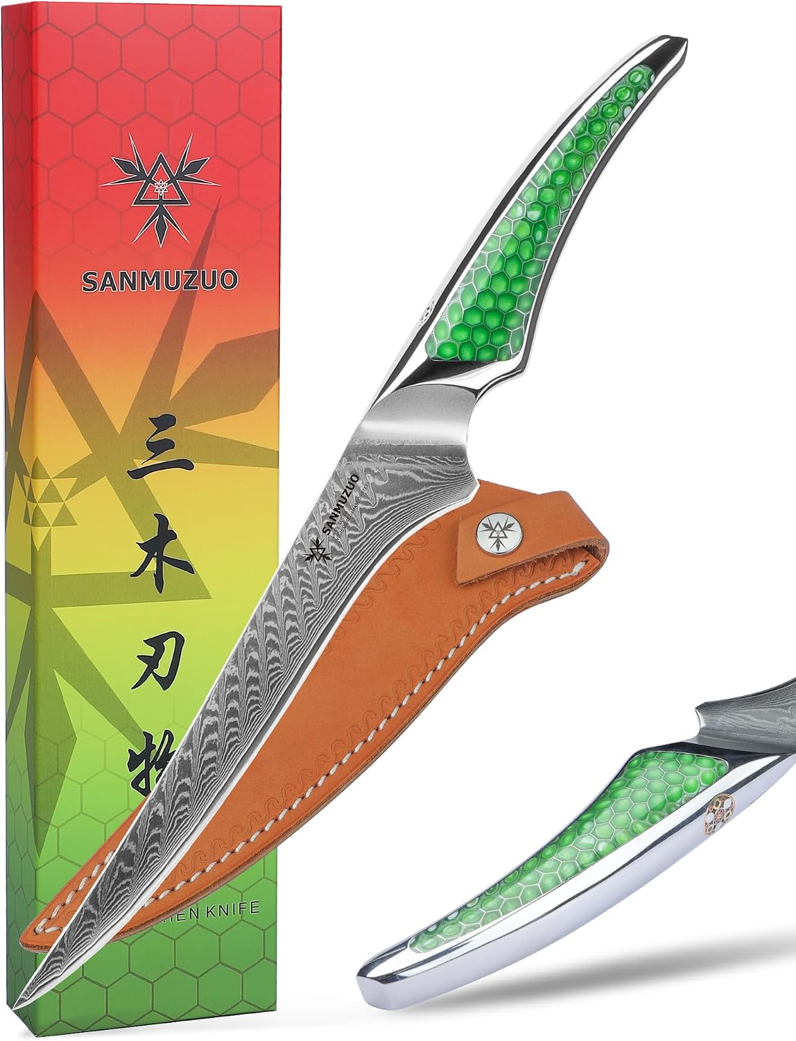 7 inch Nakiri Knife, Japanese VG-10 Damascus Steel Meat Cleaver, Ultra Sharp Vegetable Knife with Full-tang Handle in Green Resin, LA-S9 Series