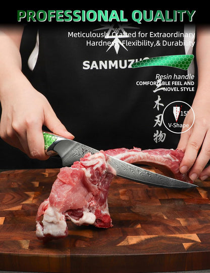 7 inch Nakiri Knife, Japanese VG-10 Damascus Steel Meat Cleaver, Ultra Sharp Vegetable Knife with Full-tang Handle in Green Resin, LA-S9 Series