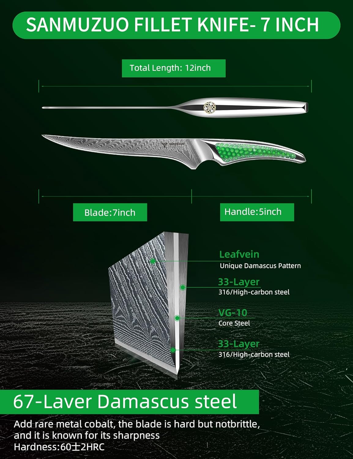 7 inch Nakiri Knife, Japanese VG-10 Damascus Steel Meat Cleaver, Ultra Sharp Vegetable Knife with Full-tang Handle in Green Resin, LA-S9 Series