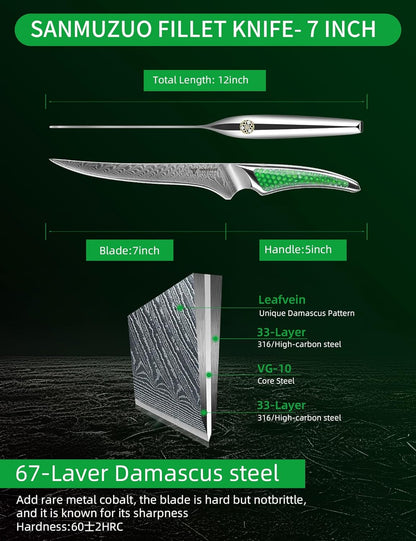 7 inch Nakiri Knife, Japanese VG-10 Damascus Steel Meat Cleaver, Ultra Sharp Vegetable Knife with Full-tang Handle in Green Resin, LA-S9 Series